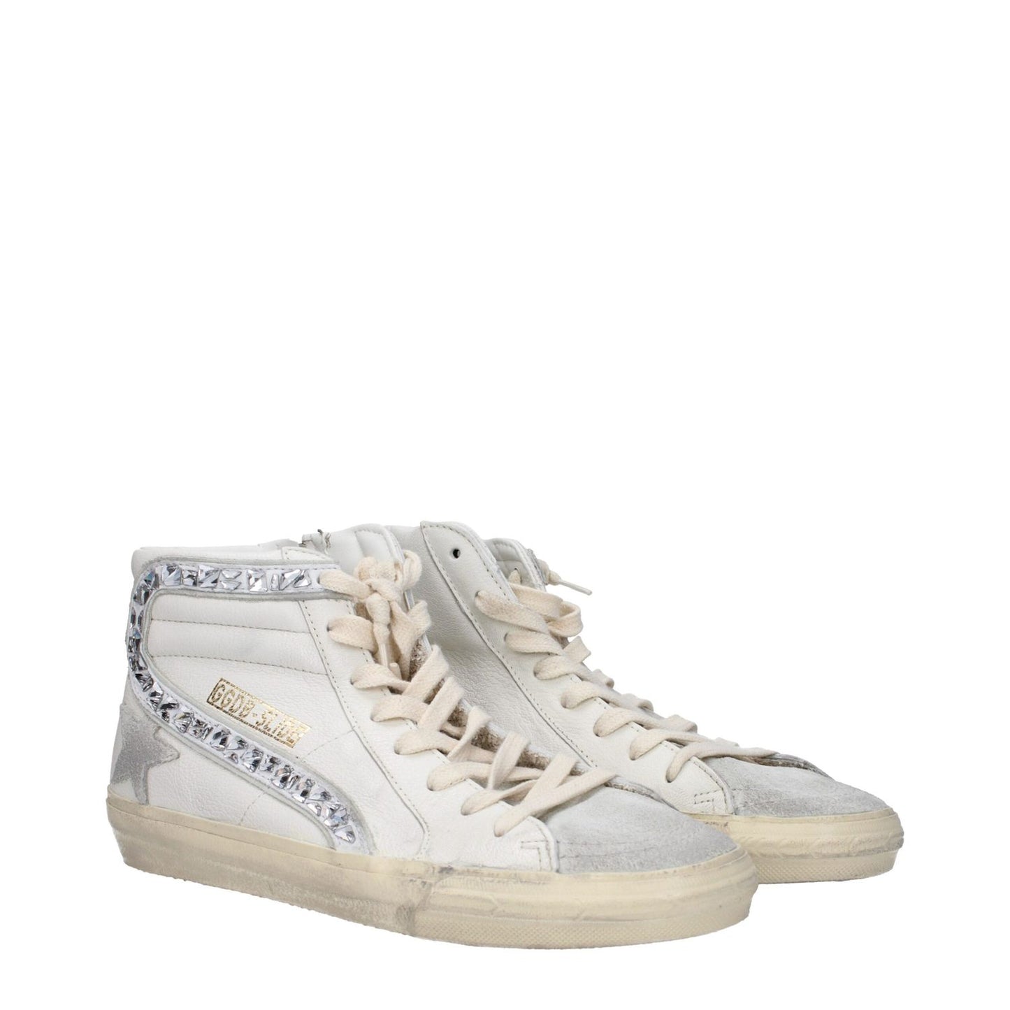 Golden Goose White Leather High Top Sneakers with vintage effect and silver accents, lace-up closure, featuring aged and scuffed design.