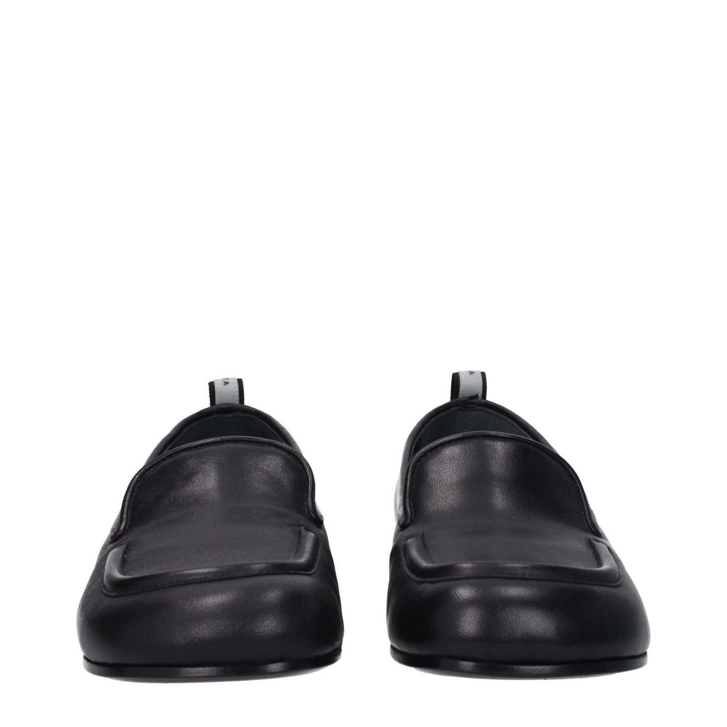 Premiata Black Leather Slip-On Loafers with low flat heel and round toe, featuring a back logo on leather sole. MPN PELLEM6705NERO.