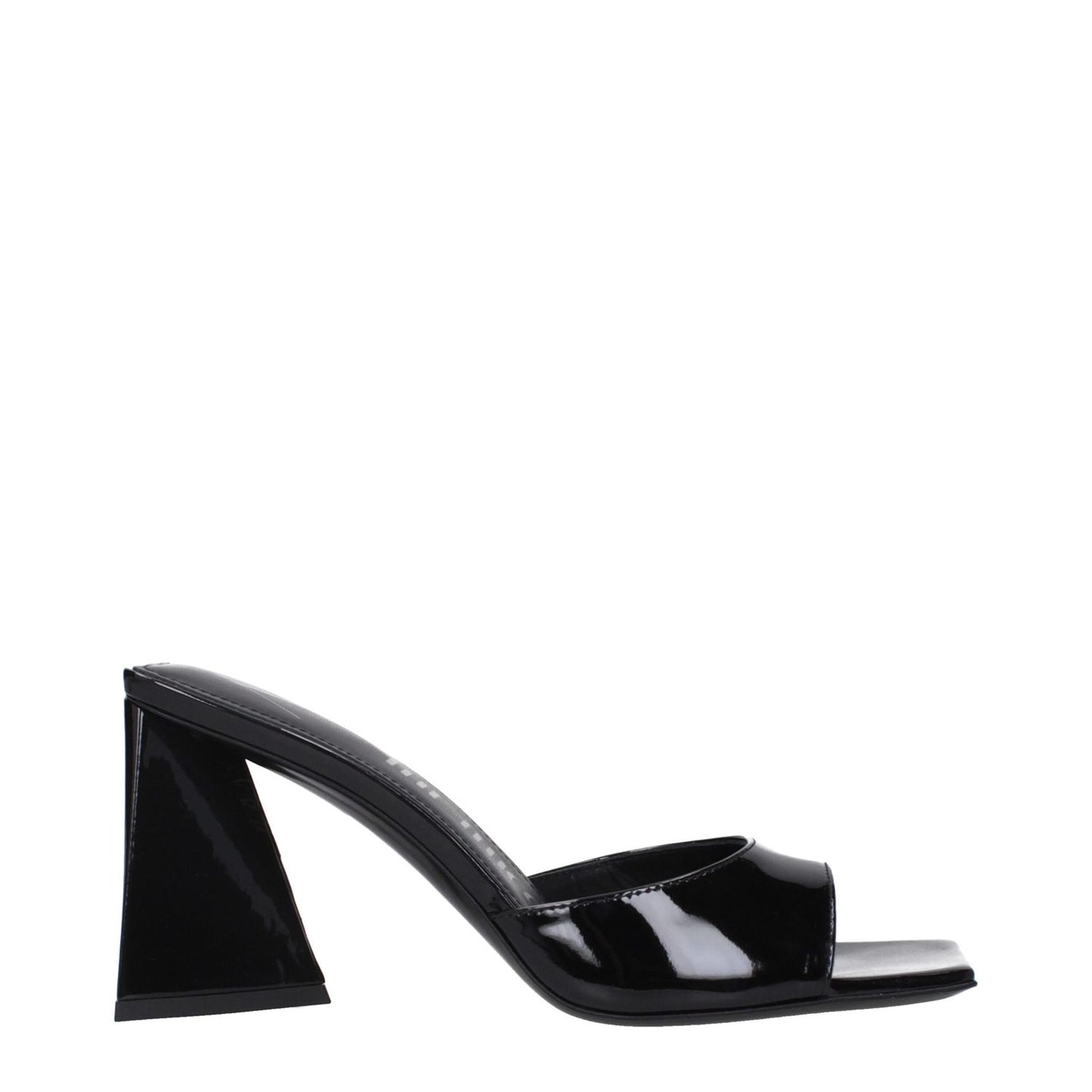 The Attico Black Leather Stiletto Heel Sandals with open toe and mid heels, stylish patent leather design, side view.