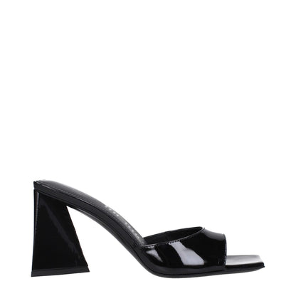 The Attico Black Leather Stiletto Heel Sandals with open toe and mid heels, stylish patent leather design, side view.