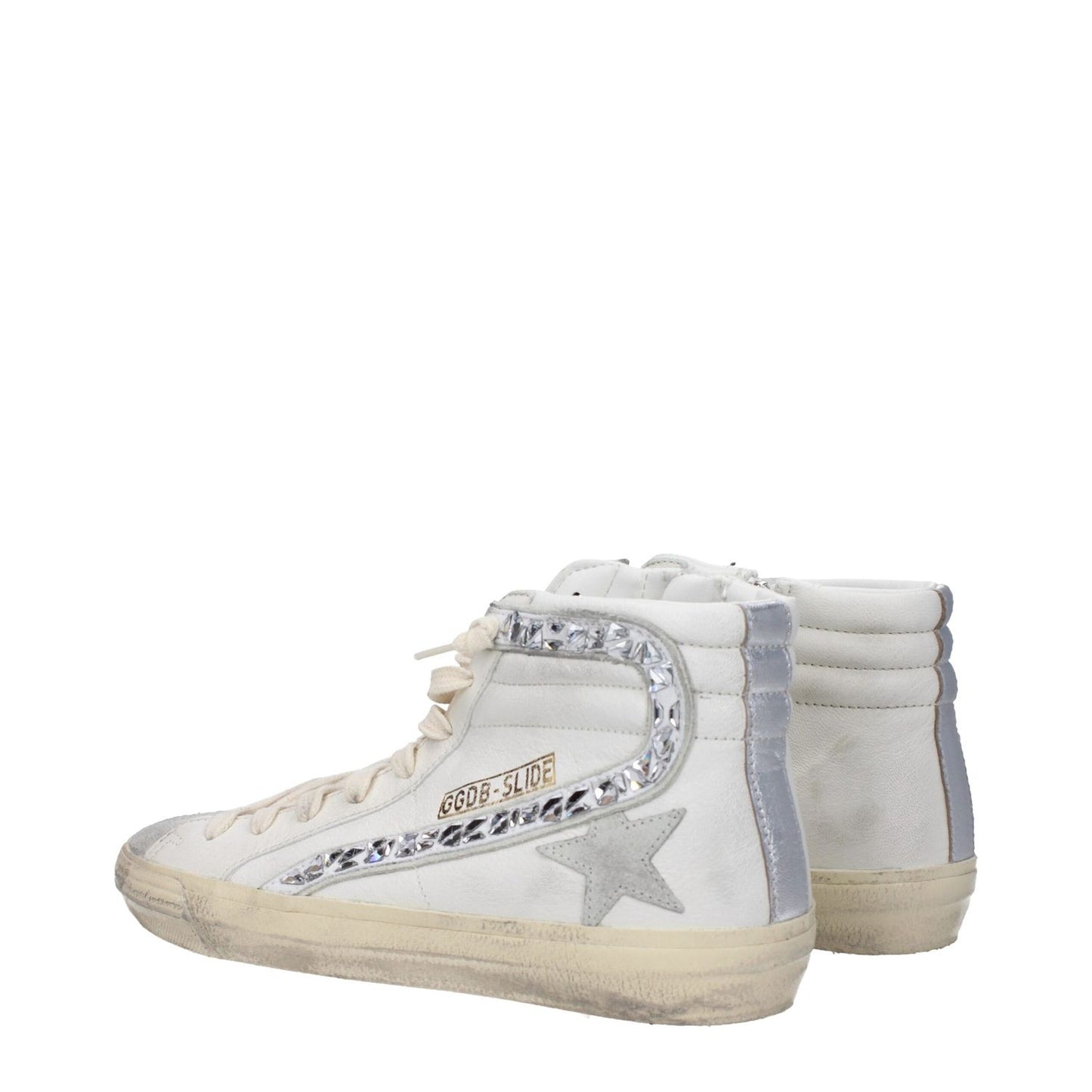 Golden Goose White Leather High Top Sneakers with silver details, aged vintage effect, star logo, and lace-up closure.