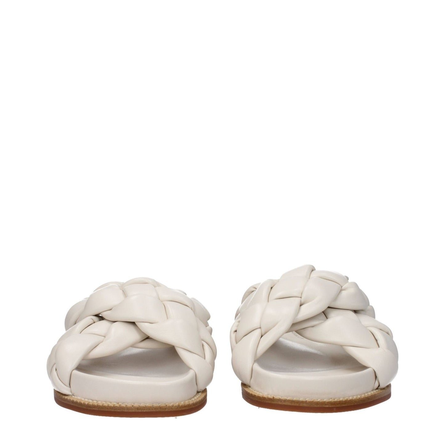 Fabiana Filippi Beige Leather Slippers with braided design front view, casual style, rubber sole, open toe, ivory accents.