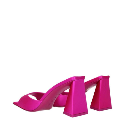 The Attico Pink Satin Stiletto Heel Sandals with open toe and mid heels, featuring fuchsia satin and leather sole.