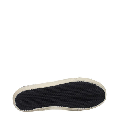 Golden Goose White Leather High Top Sneakers sole view showcasing vintage and aged effect with black tread pattern.