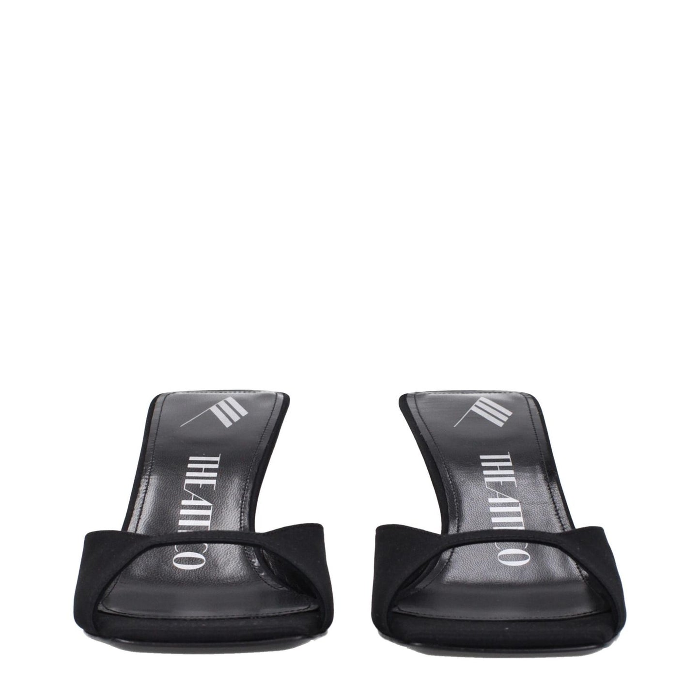 The Attico Black Satin Stiletto Heel Sandals with open toe, leather sole, and mid heels, style S774V015100. Perfect casual footwear.