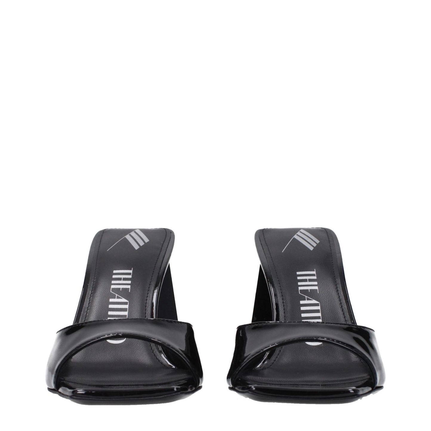 The Attico Black Leather Stiletto Heel Sandals featuring patent leather, open toe, mid heels, 8.5 cm height.