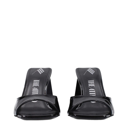 The Attico Black Leather Stiletto Heel Sandals featuring patent leather, open toe, mid heels, 8.5 cm height.