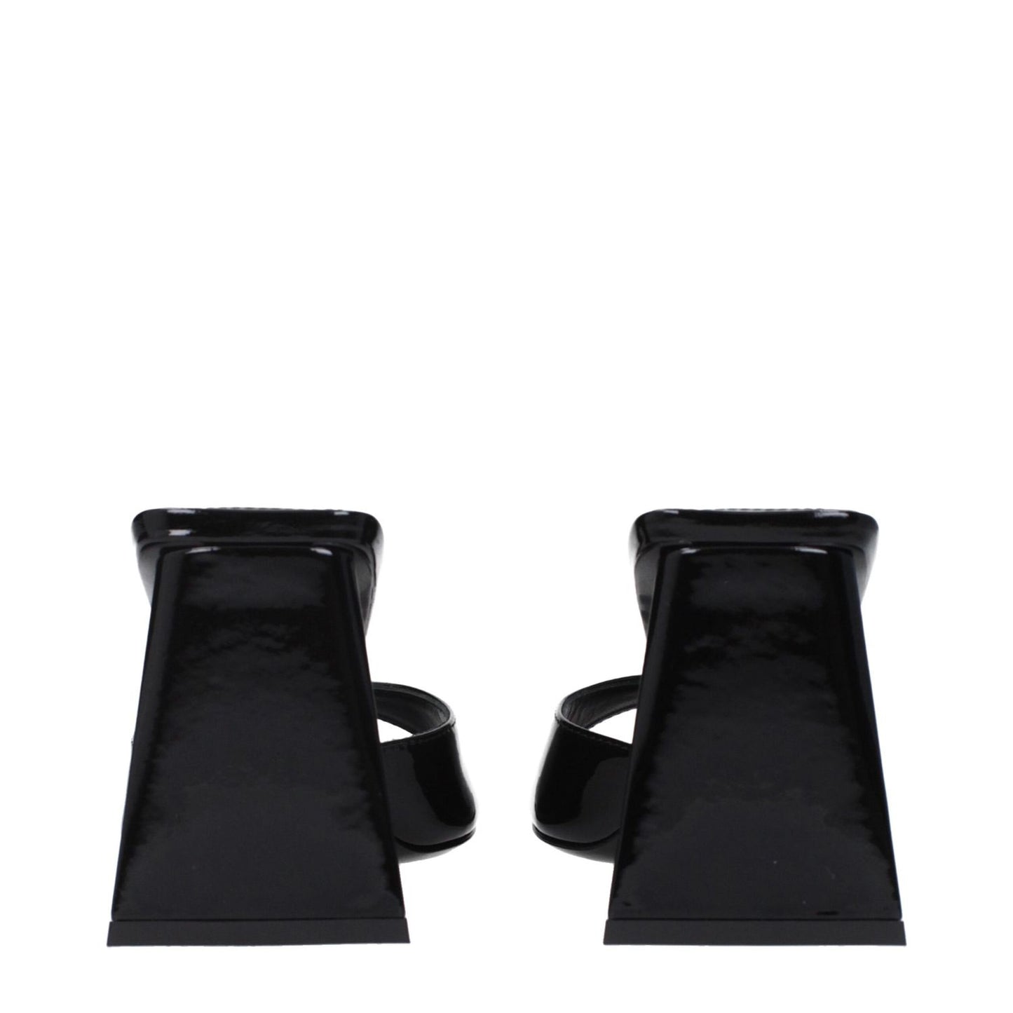 The Attico Black Leather Stiletto Heel Sandals, back view showing black patent leather and mid heels, product code F81693.