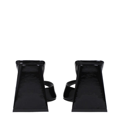 The Attico Black Leather Stiletto Heel Sandals, back view showing black patent leather and mid heels, product code F81693.