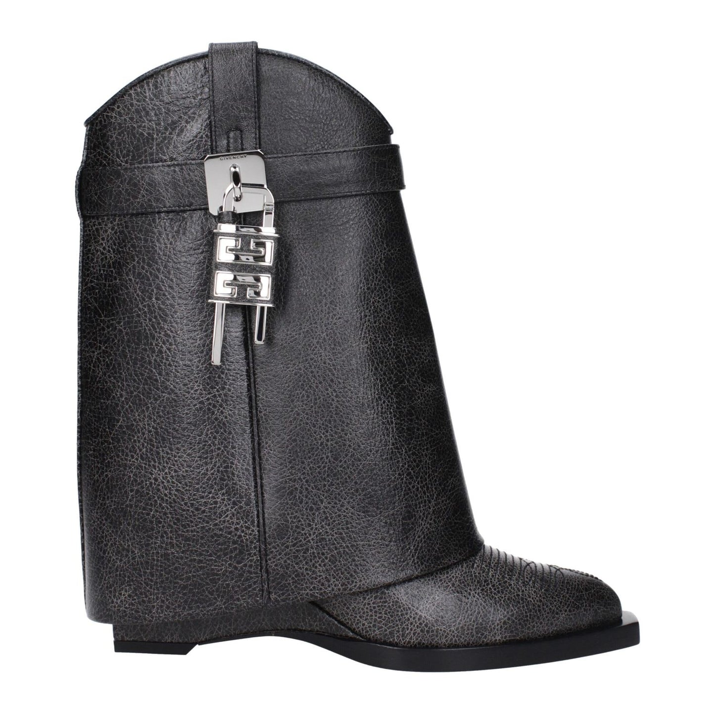 Givenchy Black Leather Ankle Boots with wedge heel, silver side logo, aged vintage effect, and pointy toe design
