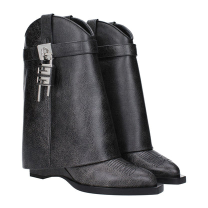 Givenchy Black Leather Ankle Boots with vintage effect, pointy toe, wedge heel, and silver side detail.