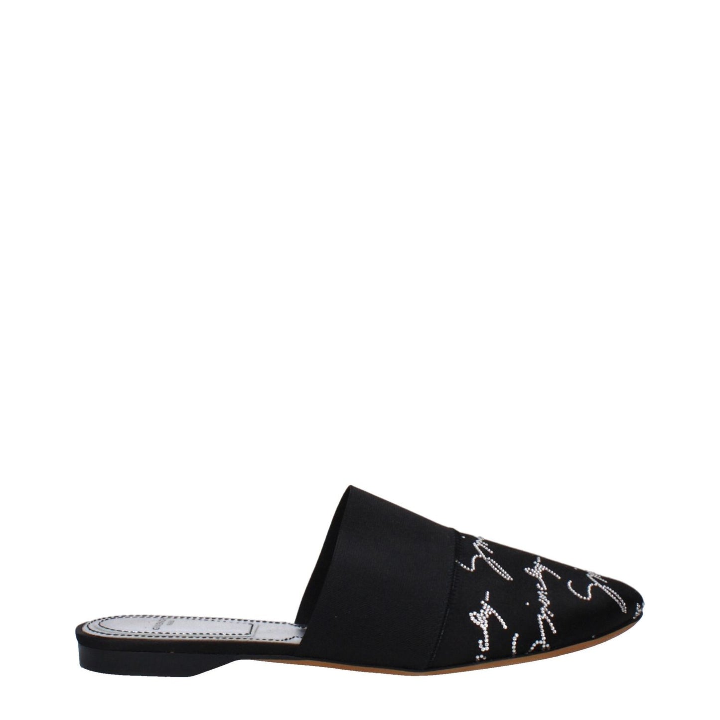 Givenchy Black Satin Slippers with logo on round toe, low flat heel, leather sole, designed for casual wear.