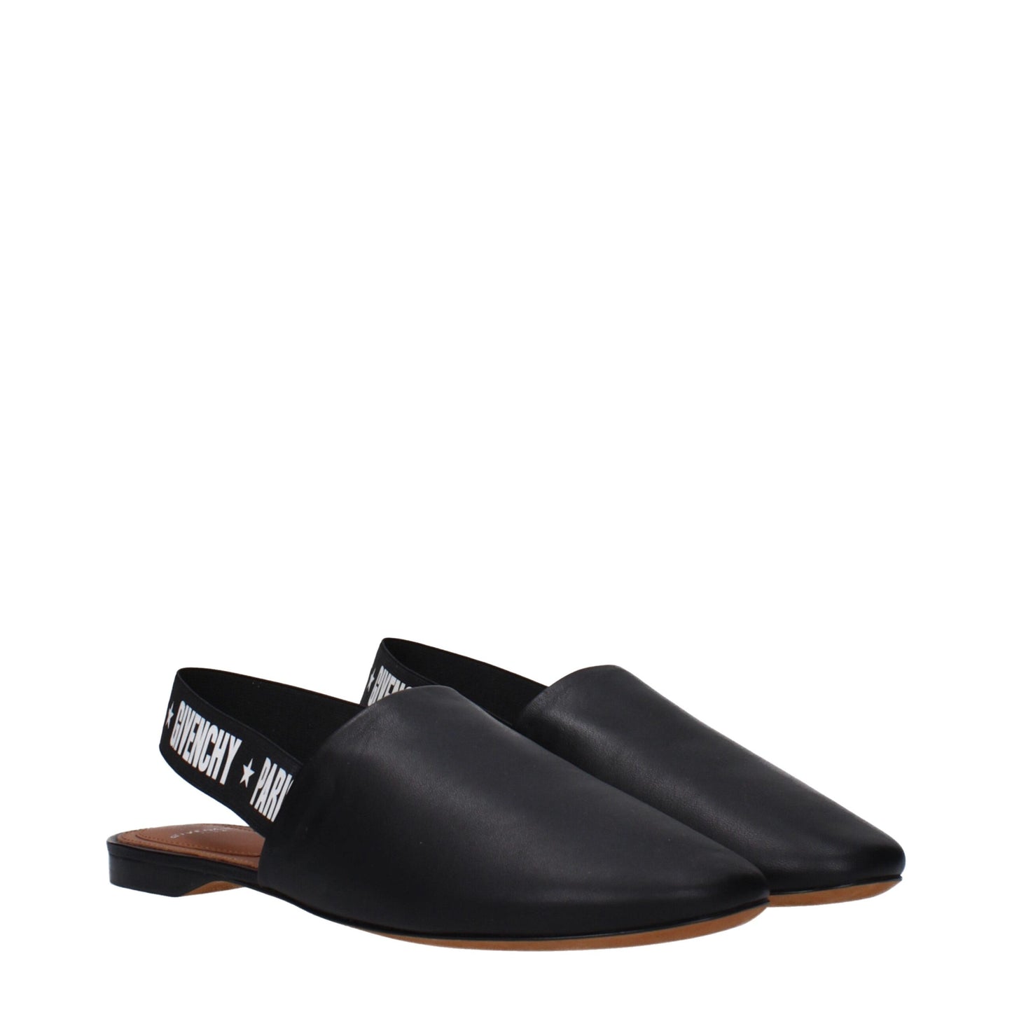 Givenchy Black Leather Slides with side and back logo, featuring flat heel and round toe in black leather. Casual style sandals.