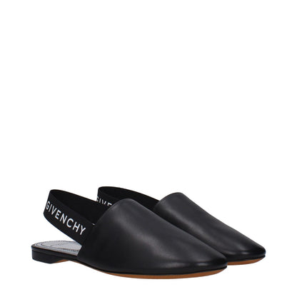 Givenchy Black Leather Mules with side and back logo, round toe, and low flat heel. MPN: BE2003E00H008, casual style for elegant wear.