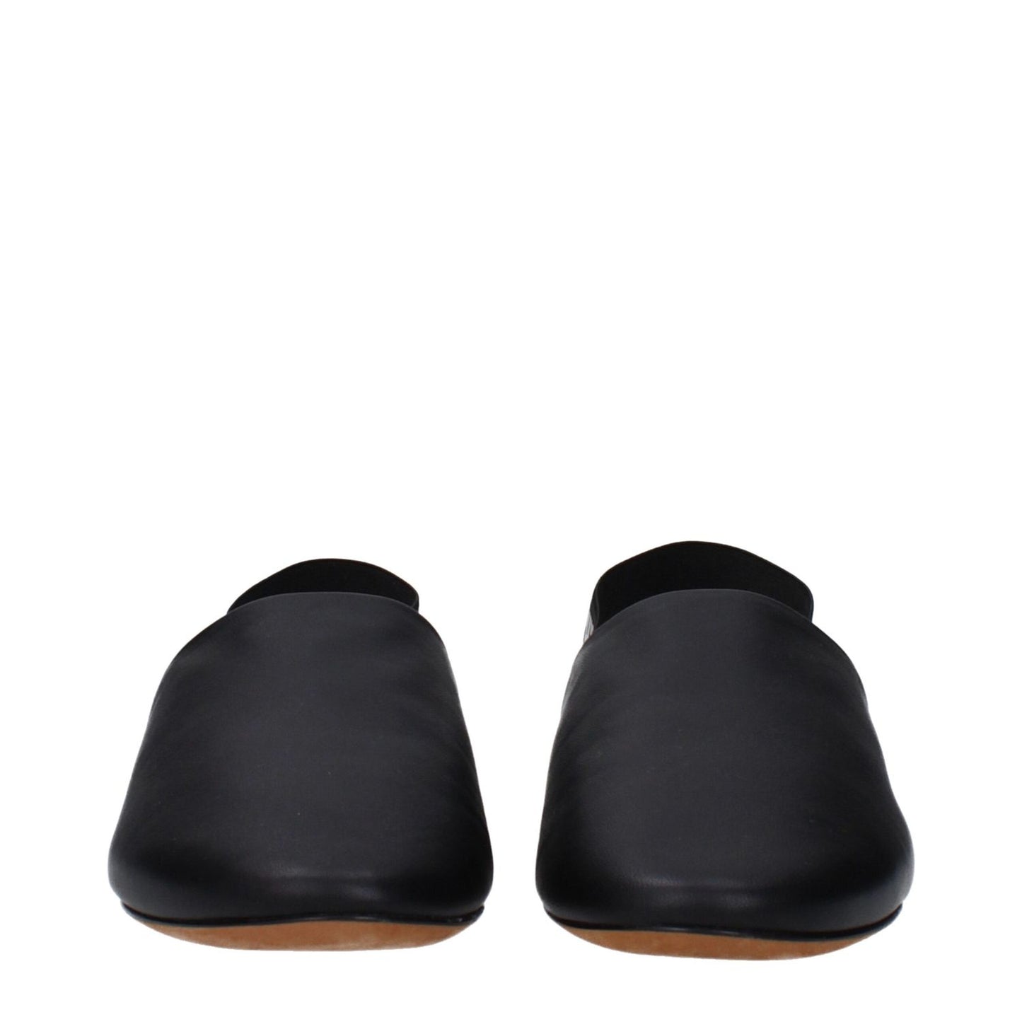 Front view of Givenchy Black Leather Slides with low flat heel, featuring round toe and side logo design.