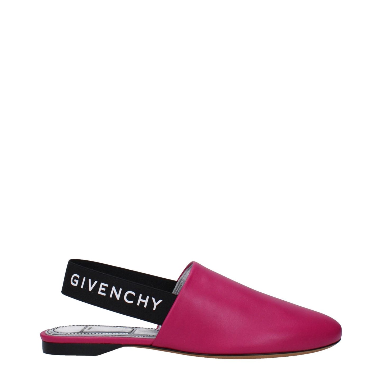 Givenchy Pink Leather Flat Sandals with side logo detail and round toe design, featuring black heel strap. Casual low flats style.