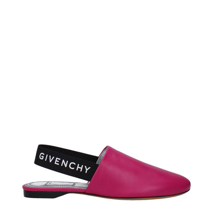 Givenchy Pink Leather Flat Sandals with side logo detail and round toe design, featuring black heel strap. Casual low flats style.
