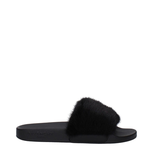 Givenchy Black Cotton Slippers with fur upper, open toe, rubber side logo, low heel. MPN BE08209806001, casual style.