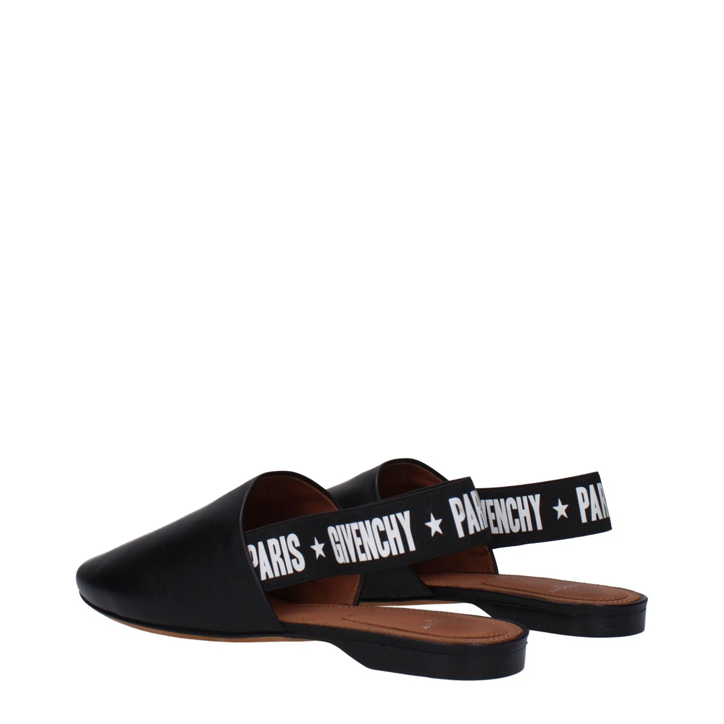 Givenchy Black Leather Slides with side and back logo, casual design, low flat heel, and round toe.