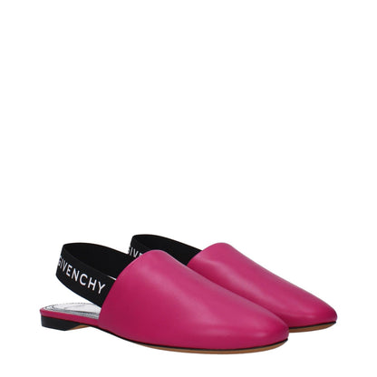Givenchy Pink Leather Flat Sandals with side and back logo in fuchsia, round toe, low heel, cyclamen accents, casual style.