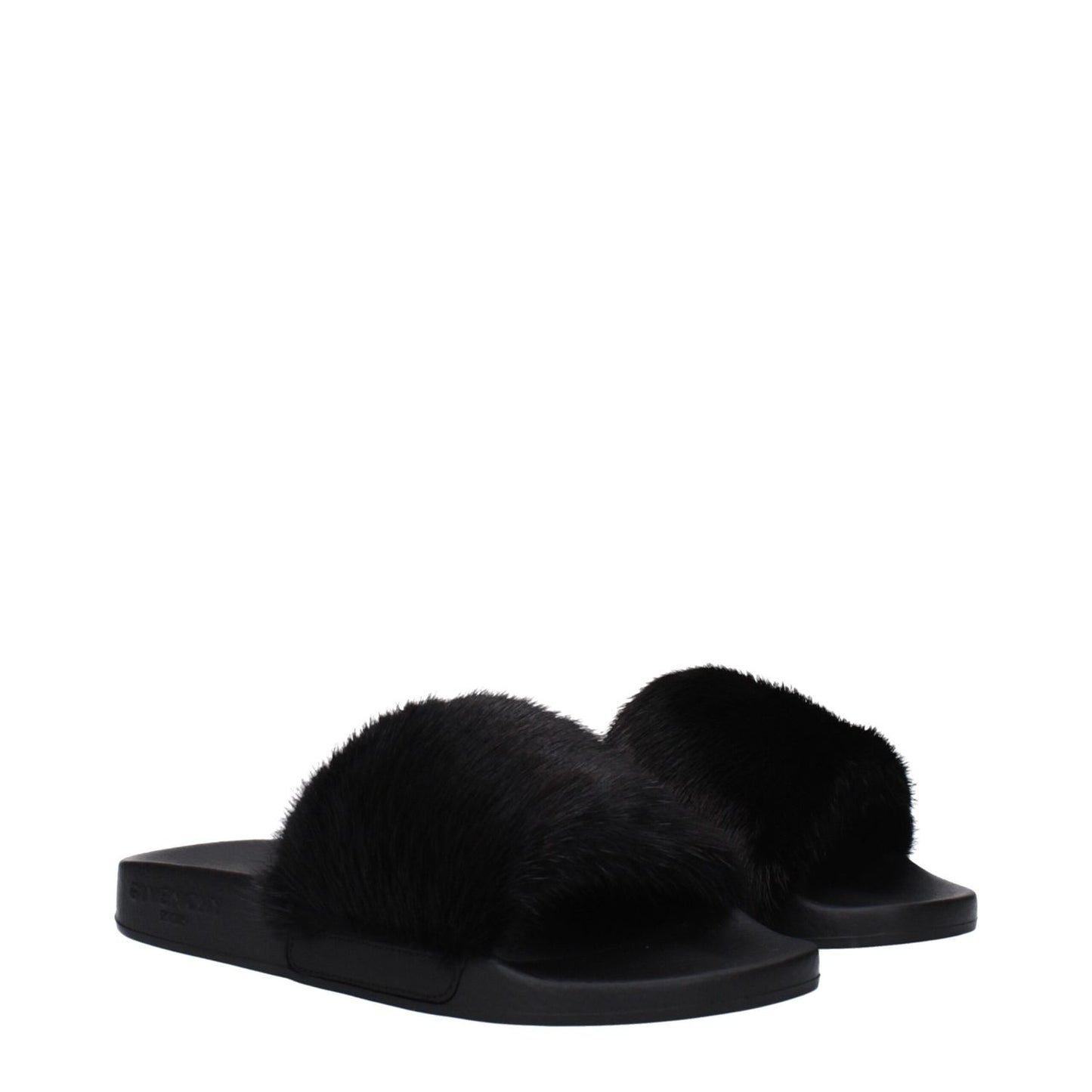 Givenchy Black Cotton Slippers with rubber sole, side logo, and open toe design, featuring a casual style, low flat heel.