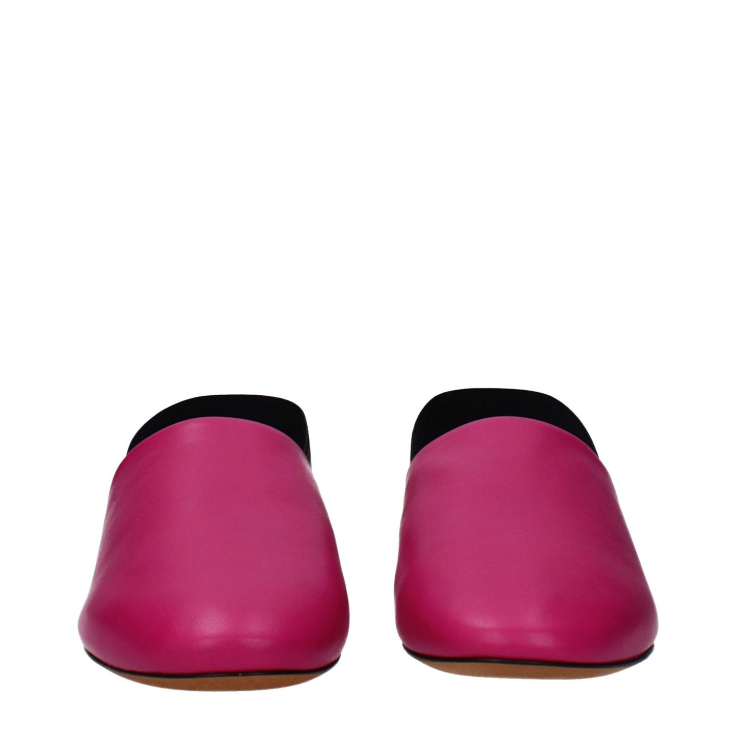 Givenchy Pink Leather Flat Sandals with side and back logo, low flat heel, and round toe design in fuchsia leather.