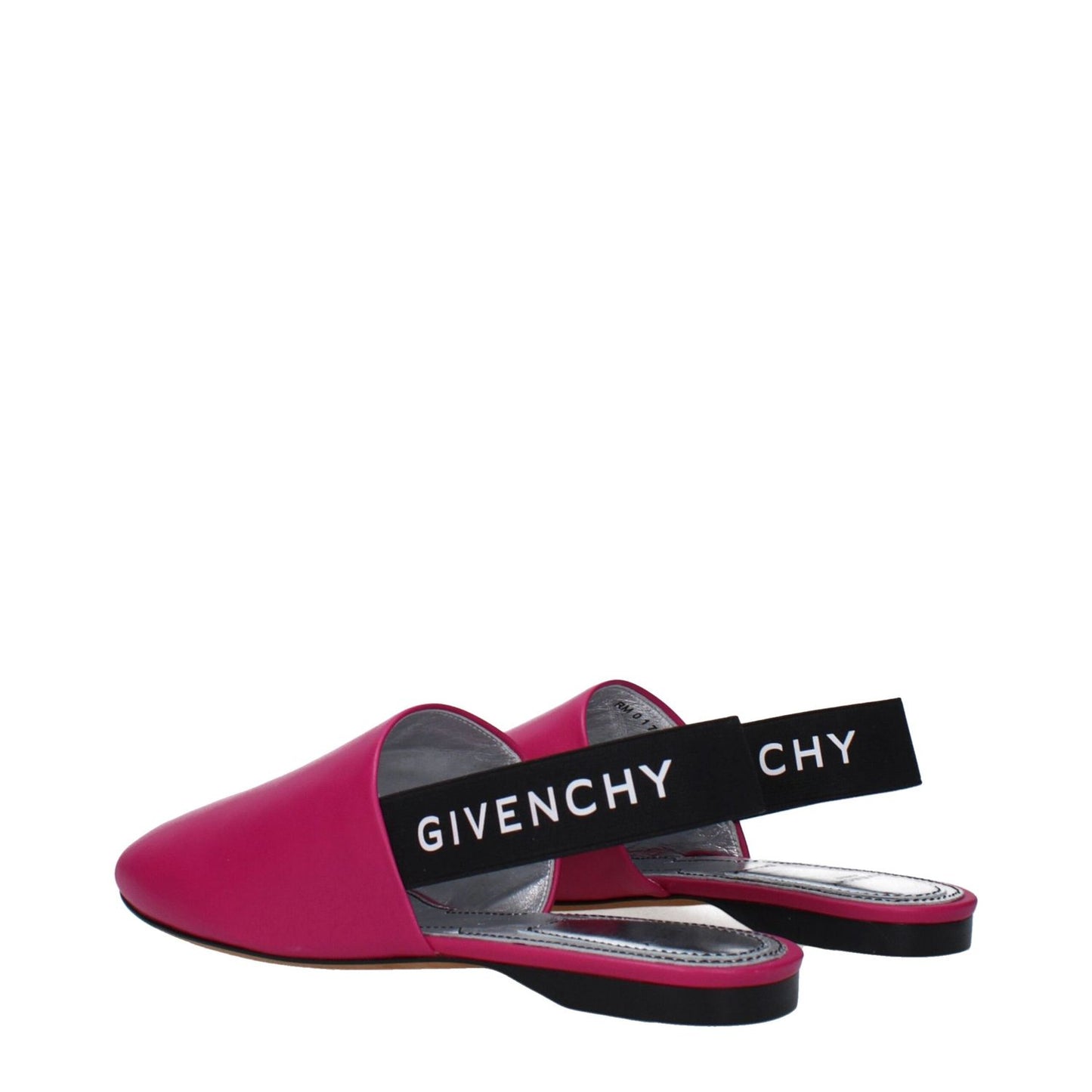 Givenchy Pink Leather Flat Sandals with round toe, featuring black logo straps, casual style, shown in fuchsia and cyclamen colors.