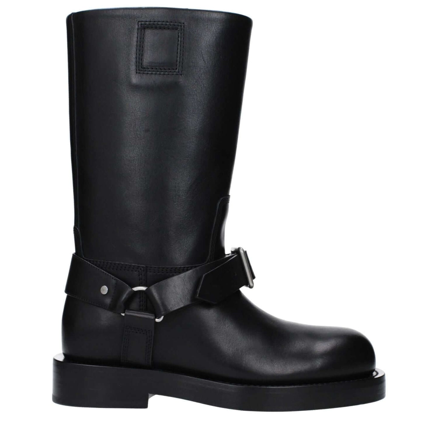 Burberry Black Leather Boots with buckle closure, round toe and mid heels, MPN 8077392, style casual, leather sole.