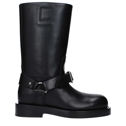 Burberry Black Leather Boots with buckle closure, round toe and mid heels, MPN 8077392, style casual, leather sole.