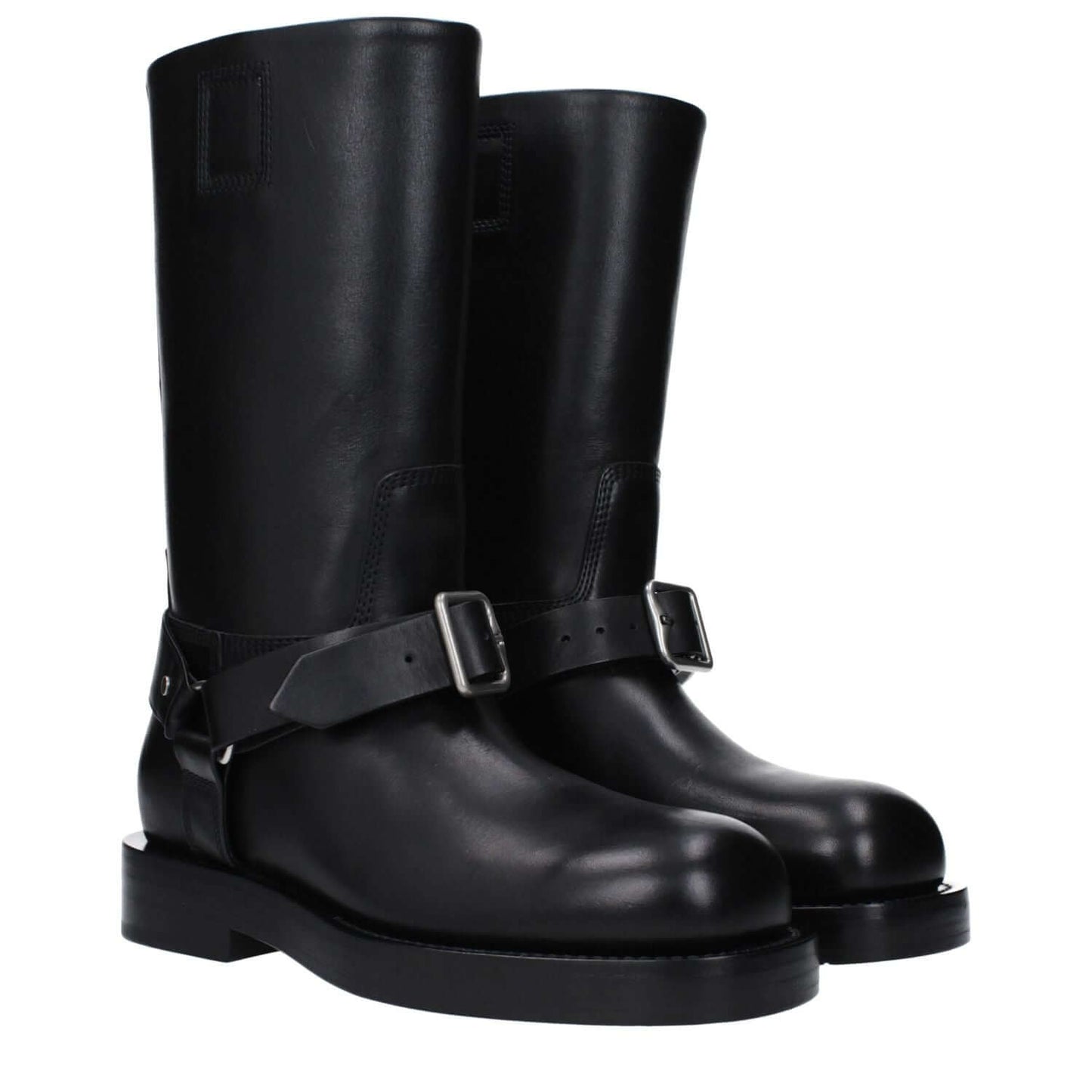 Burberry Black Leather Boots with buckle closure, round toe, and mid heel height of 3.5 cm. Casual style with leather sole. MPN 8077392.