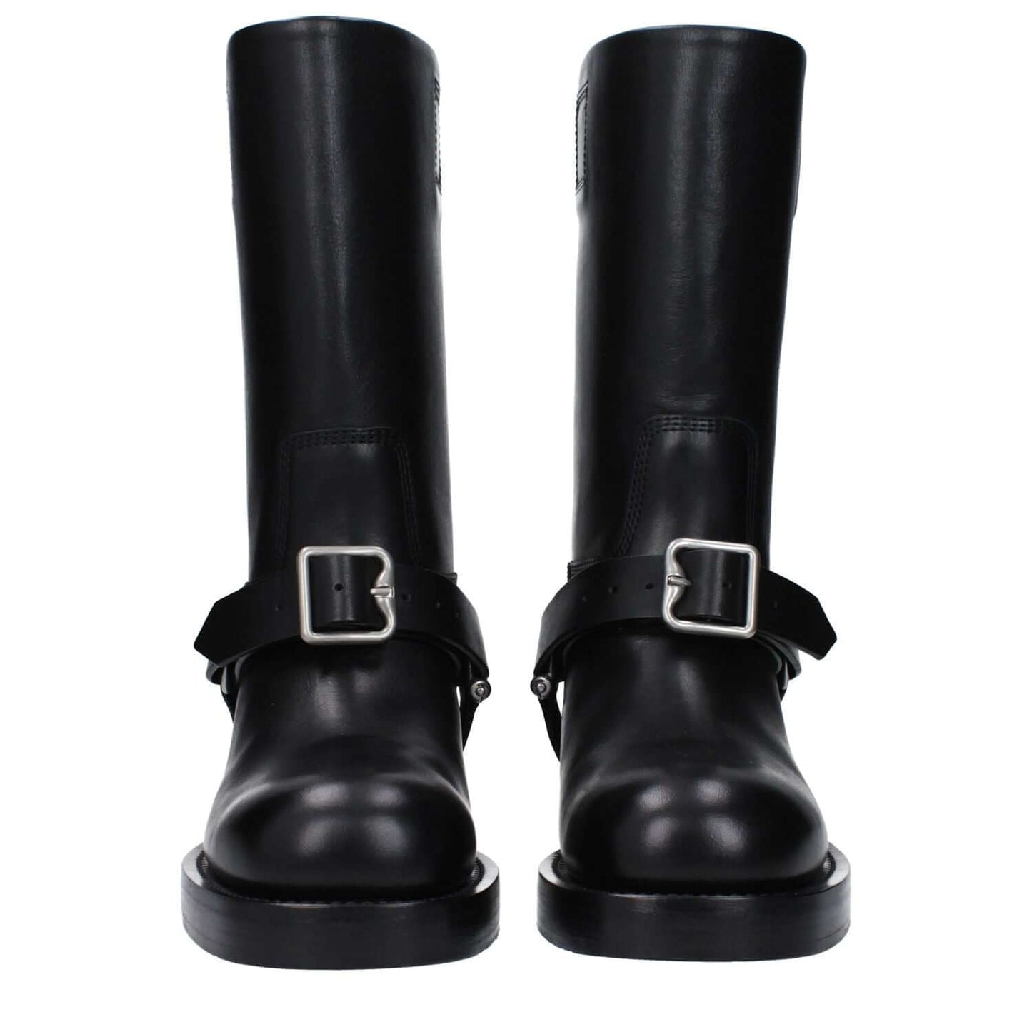 Burberry Black Leather Boots with buckle closure, casual style, round toe, mid heels, and leather soles. MPN 8077392.