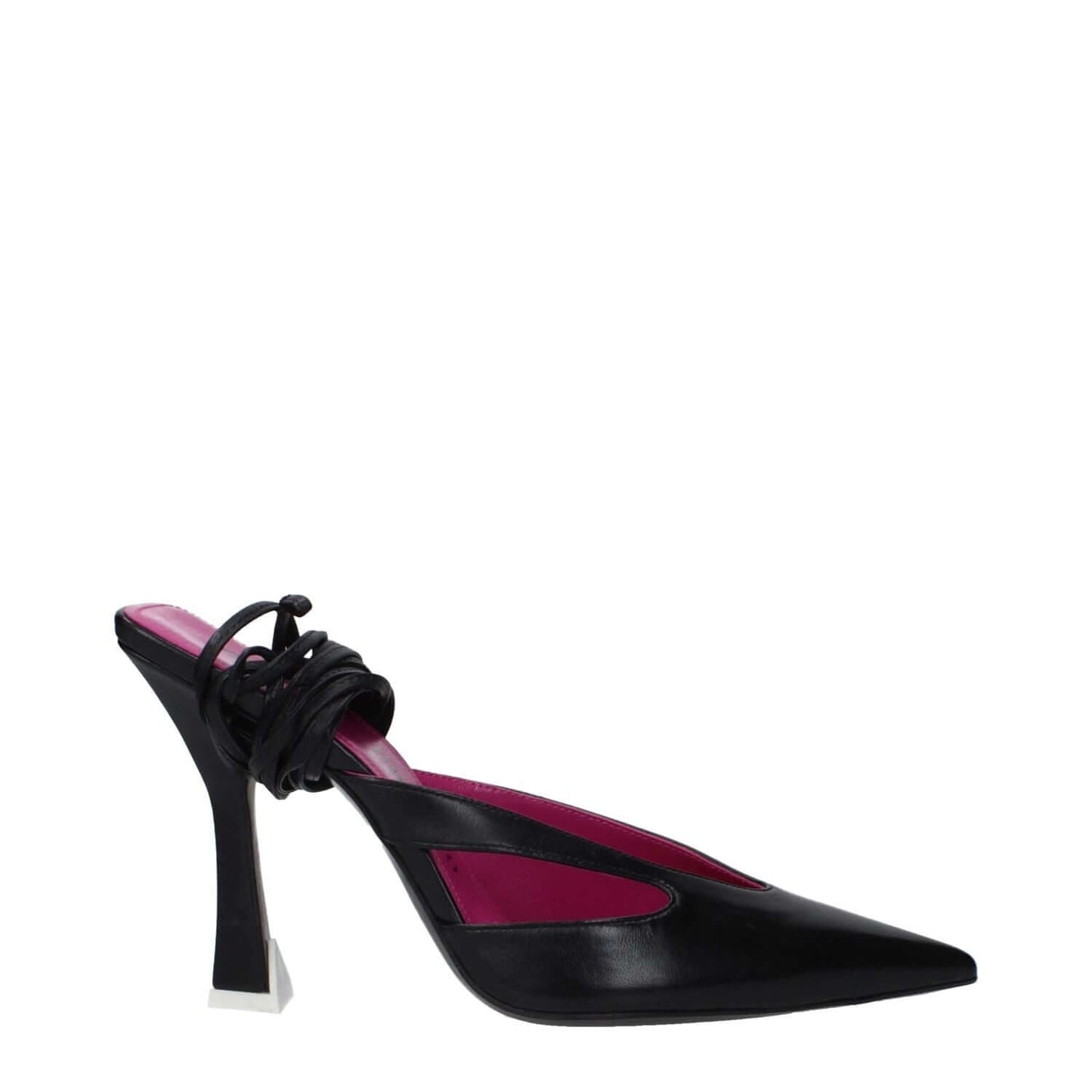 The Attico Black Leather Stiletto Heel Sandals, pointy-toe, lace-up closure with a high 10.5 cm heel, stylish and elegant footwear.