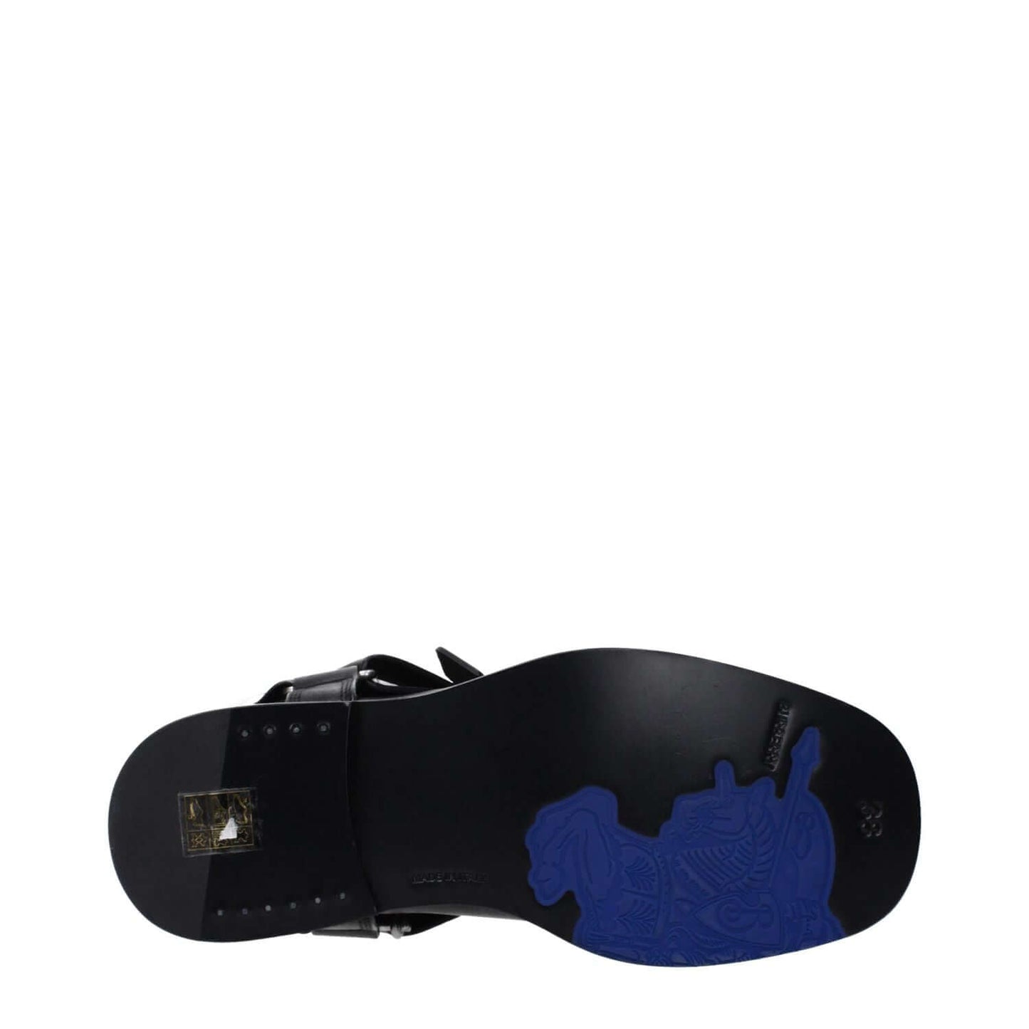 Bottom view of Burberry Black Leather Boots with leather sole and buckle closure.