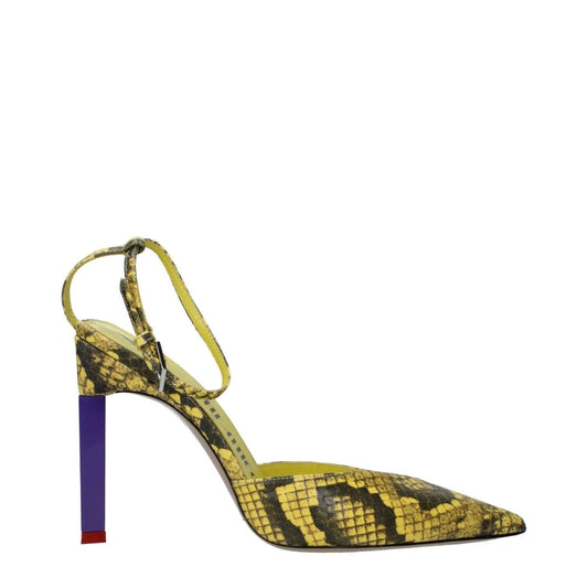 The Attico Yellow Leather Pumps with snake print and high heel, featuring buckle closure and pointy toe design.