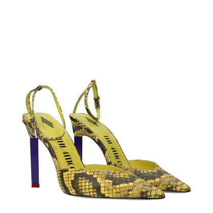 The Attico Yellow Leather Pumps with snake print, buckle closure, pointy toe, and high heel, code F82902.