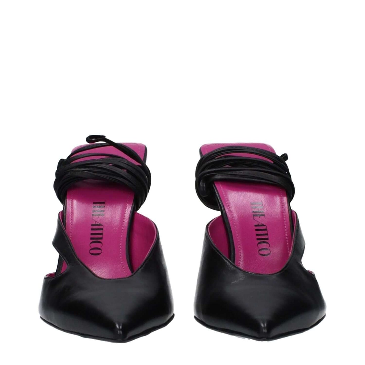 The Attico Black Leather Stiletto Heel Sandals with lace-up closure and pointy toe, featuring high heel design. MPN: S318L001100.