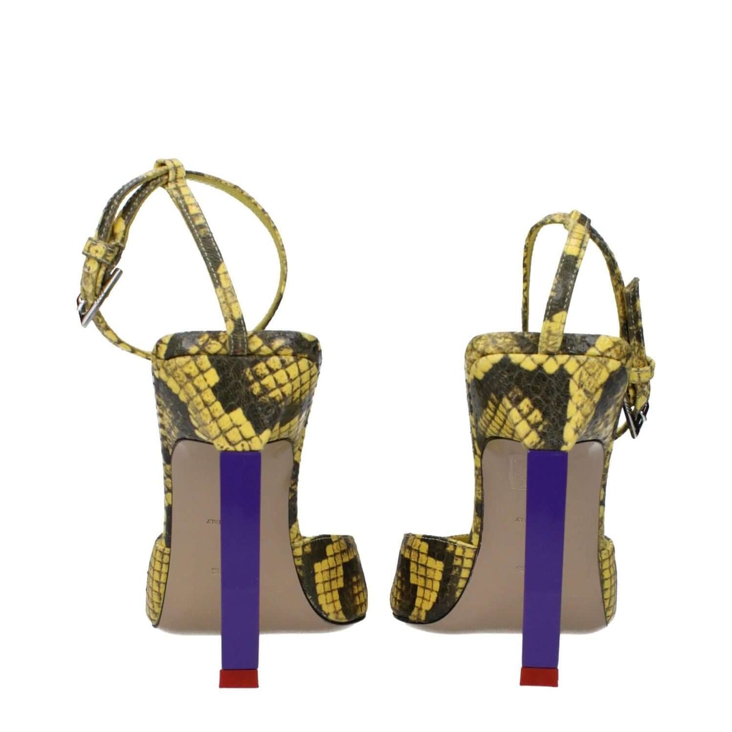 The Attico Yellow Leather Pumps with snake print and buckle closure, featuring high heels and pointy toes, back view.