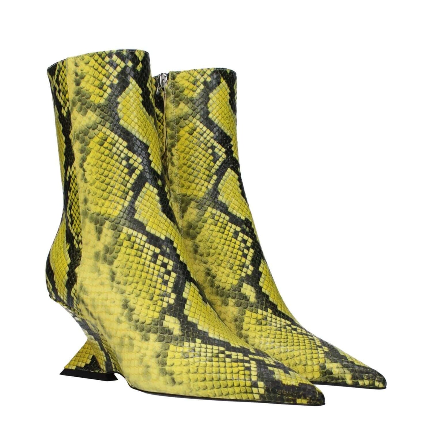 The Attico Yellow Leather Ankle Boots with snake print, zip closure, mid heels, pointy toe; stylish ethnic design, heel height 7 cm.