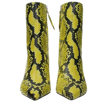 The Attico Yellow Leather Ankle Boots with snake print, zip closure, pointy toe, mid heels, style ethnic, MPN S712EL003153