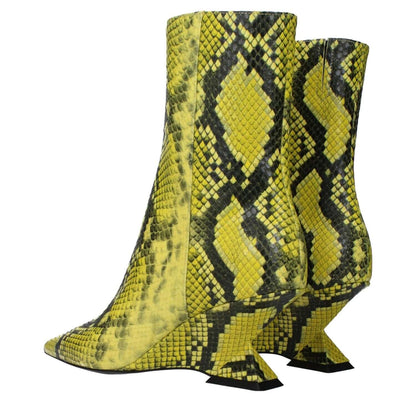 The Attico Yellow Leather Ankle Boots with snake print design, pointy toe, mid heels, zip closure; MPN S712EL003153.