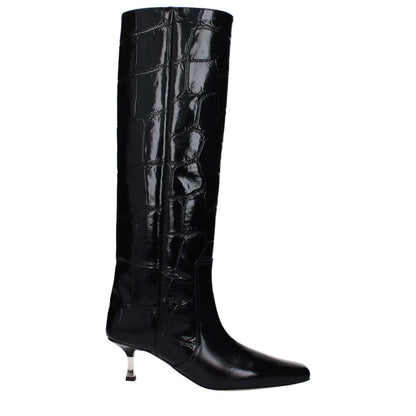 Paris Texas Black Leather High Heel Boots with crocodile print, square toe, and mid heels.