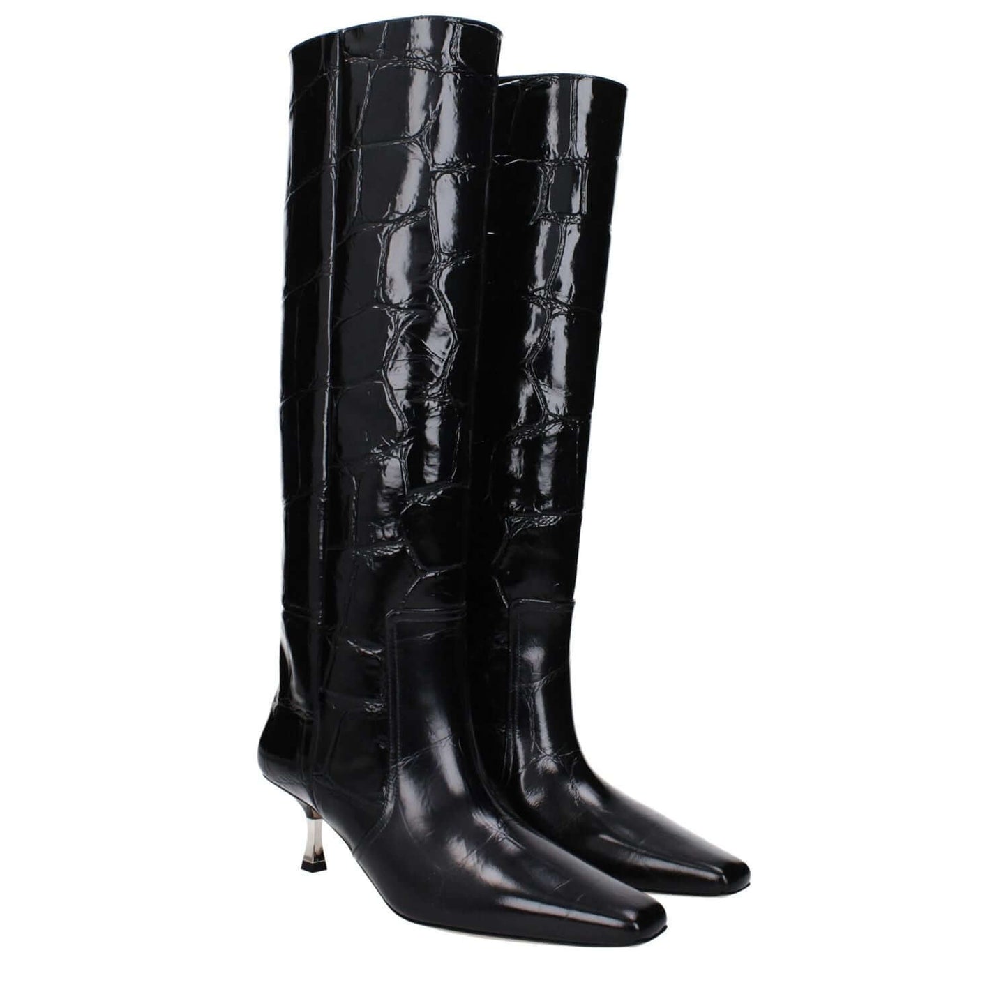Paris Texas Black Leather High Heel Boots with square toe and crocodile print, featuring a 5.5 cm mid heel and leather sole.