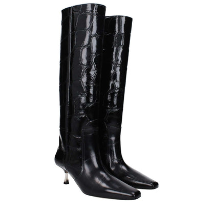Paris Texas Black Leather High Heel Boots with square toe and crocodile print, featuring a 5.5 cm mid heel and leather sole.