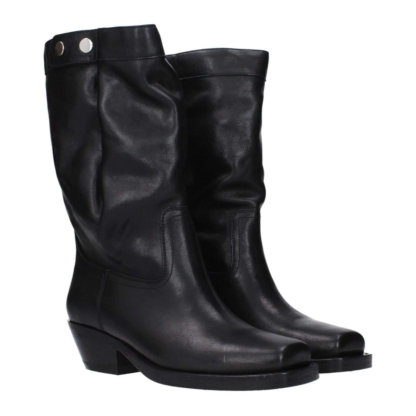 Isabel Marant Black Leather Ankle Boots with square toe, mid heels, vintage and aged effect, button closure, and leather sole.