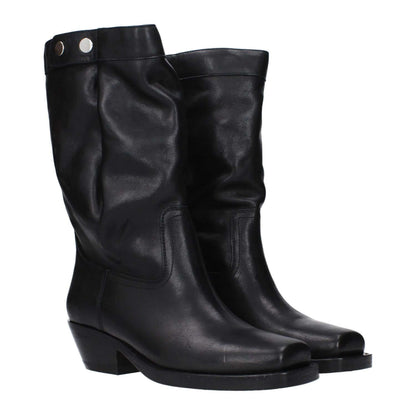 Isabel Marant Black Leather Ankle Boots with square toe, mid heels, vintage and aged effect, button closure, and leather sole.