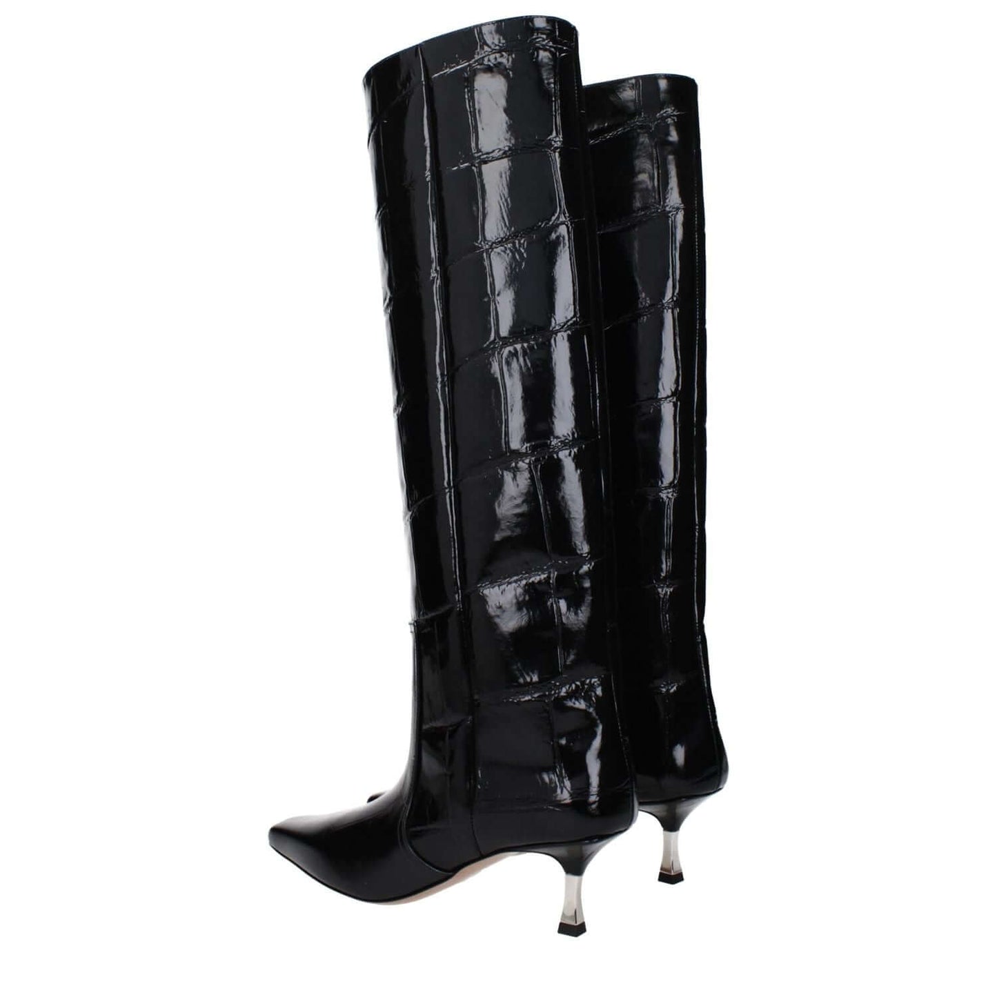 Paris Texas Black Leather High Heel Boots with crocodile print, 5.5 cm mid heels, square toe style, and vintage effect design.