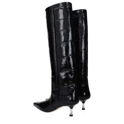 Paris Texas Black Leather High Heel Boots with crocodile print, 5.5 cm mid heels, square toe style, and vintage effect design.
