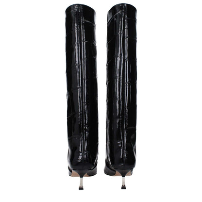 Paris Texas Black Leather High Heel Boots with crocodile print, square toe, mid heels, back view, product code F82949, MPN PX1369XCOSMBLACK.