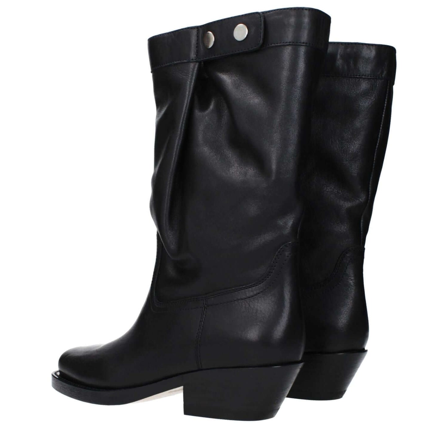 Isabel Marant Black Leather Ankle Boots with vintage and aged effect, casual style, square toe, and mid heels, shown in black leather and silver accents.