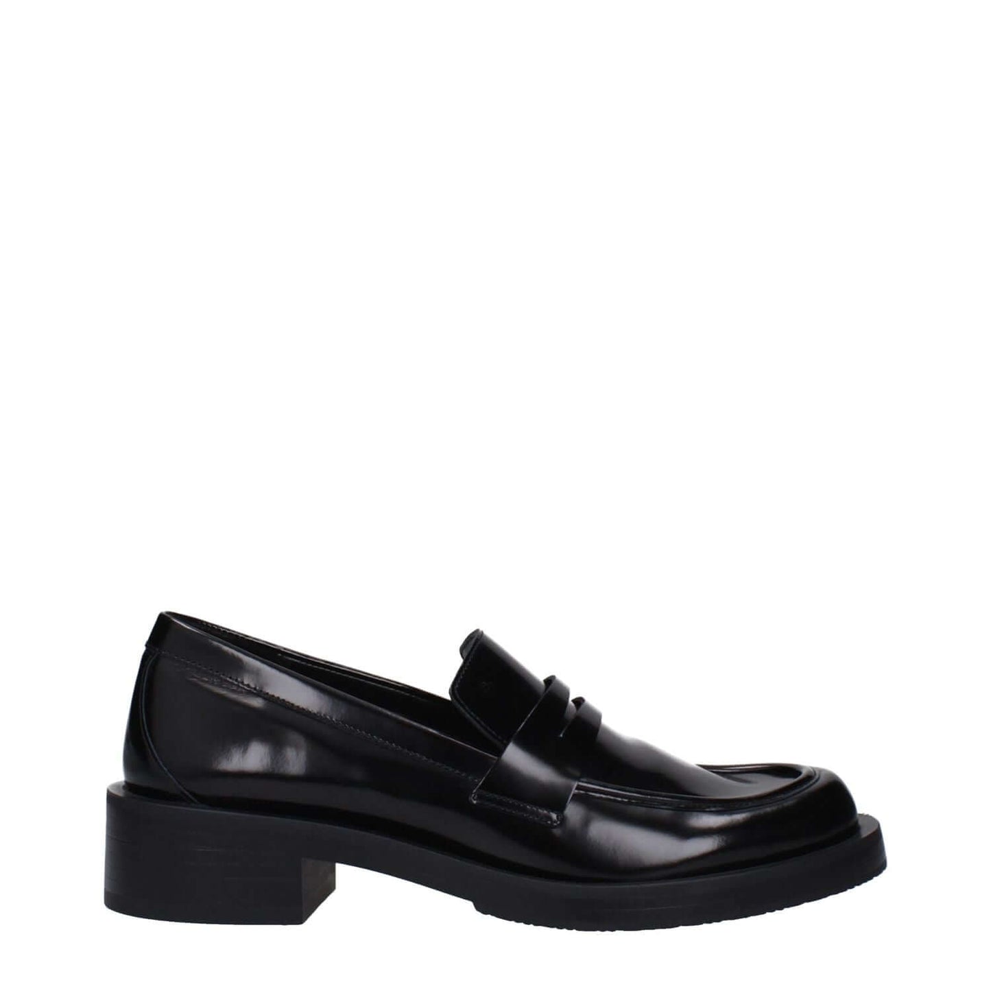 Stuart Weitzman Black Leather Slip-On Loafers with rubber sole and round toe design, featuring mid heels